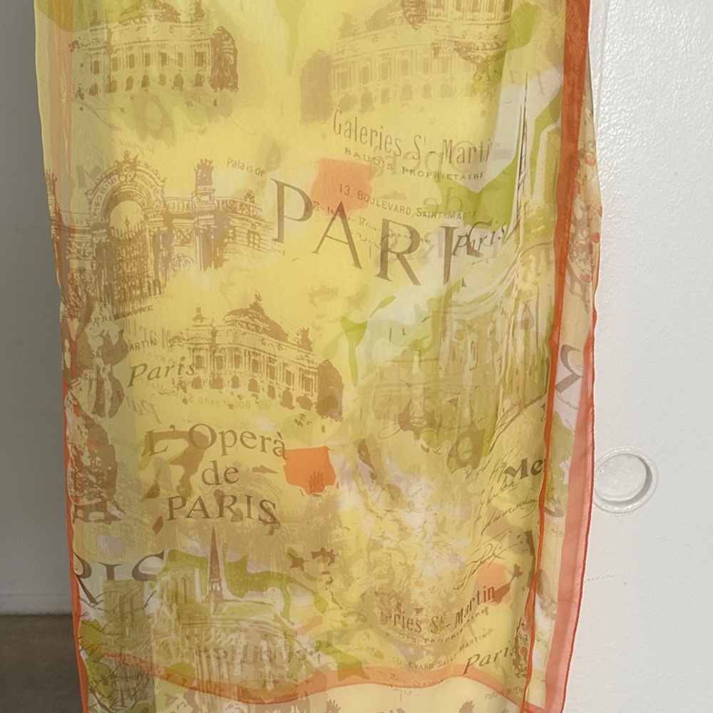 Paris Themed light yellow and orange scarf. For the Paris lover!